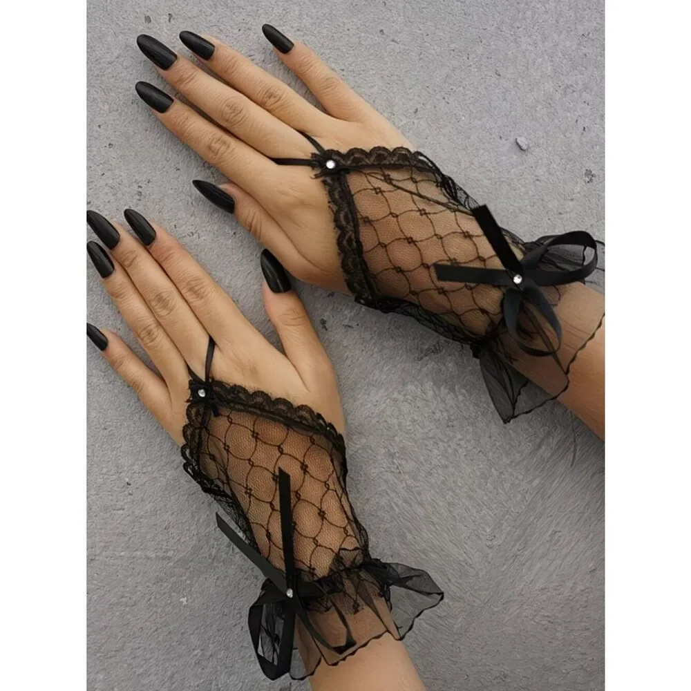 NWT Gothic Black Lace Fingerless Wrist Gloves Mesh Ruffle Ribbon Bow Costume Y2K